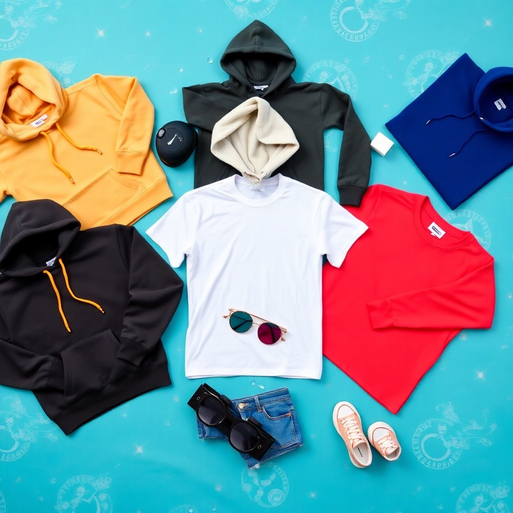Create a fashion flatlay showcasing the different hoodies and tees from the collection, styled on a cool surface with accessories. The image should have a vibrant color palette and high-quality textures to highlight the clothing details.