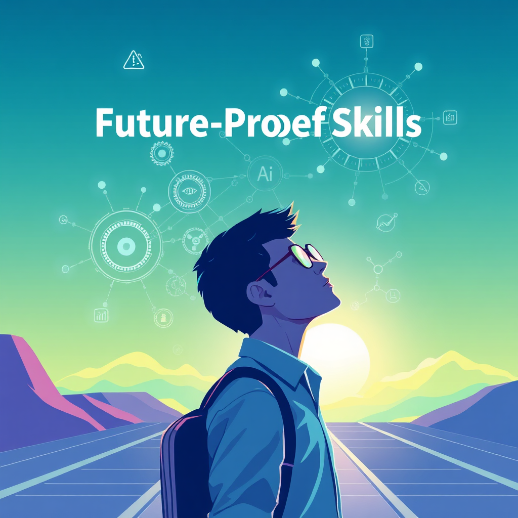 Create a futuristic, stylized image symbolizing future-proof skills. The scene should feature a school clerk looking confidently towards a bright horizon, with AI algorithms and data visualizations swirling around them. The color palette should be vibrant and optimistic, using shades of blue, green, and purple. The style should be forward-thinking and aspirational, inspired by sci-fi concept art, emphasizing the clerk's growth and readiness for the future.