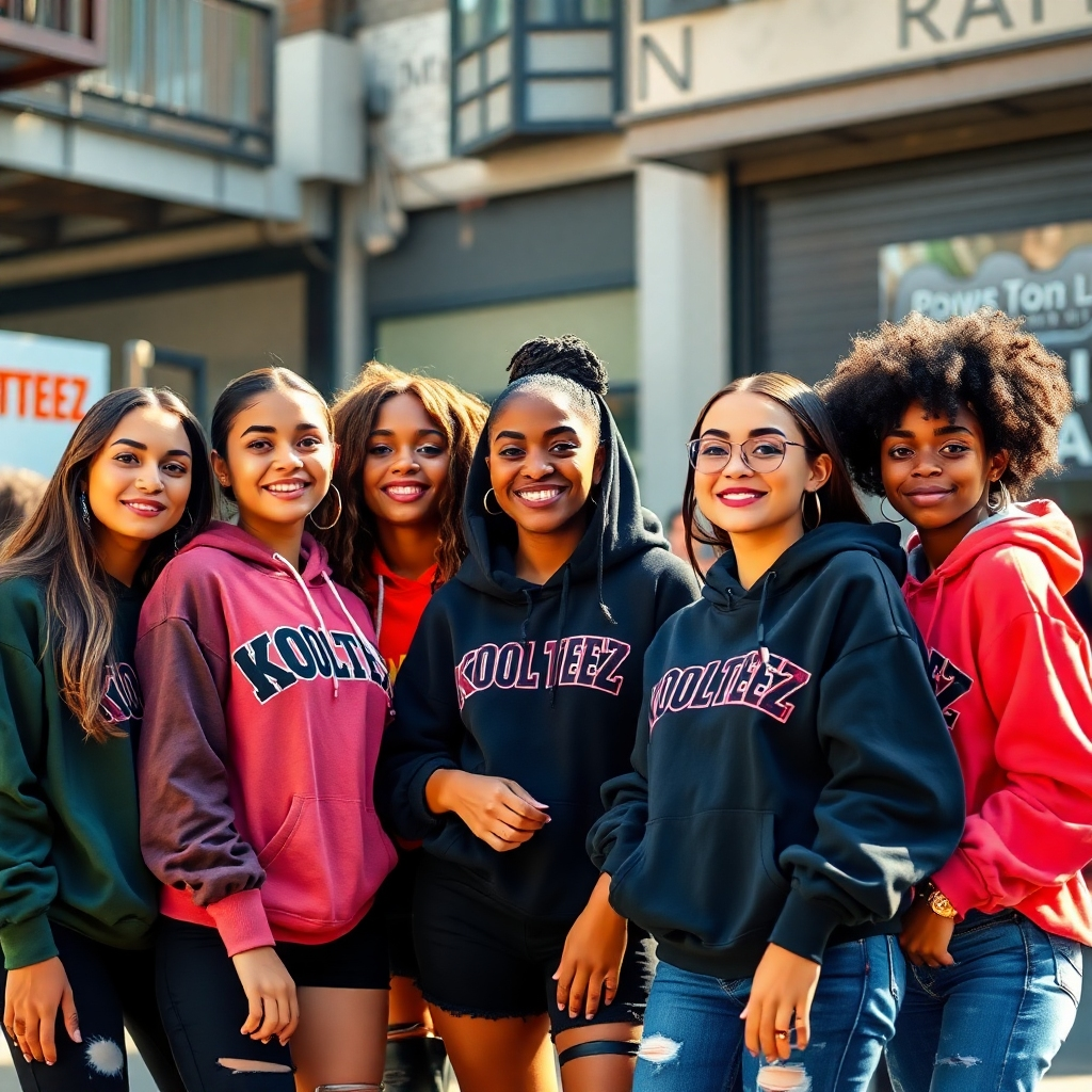 Create a photorealistic image of a diverse group of young women hanging out together in a stylish urban environment. The lighting should be natural and bright. The women should be wearing a variety of Kool Teez hoodies and tees. The background should have a cool, trendy vibe.