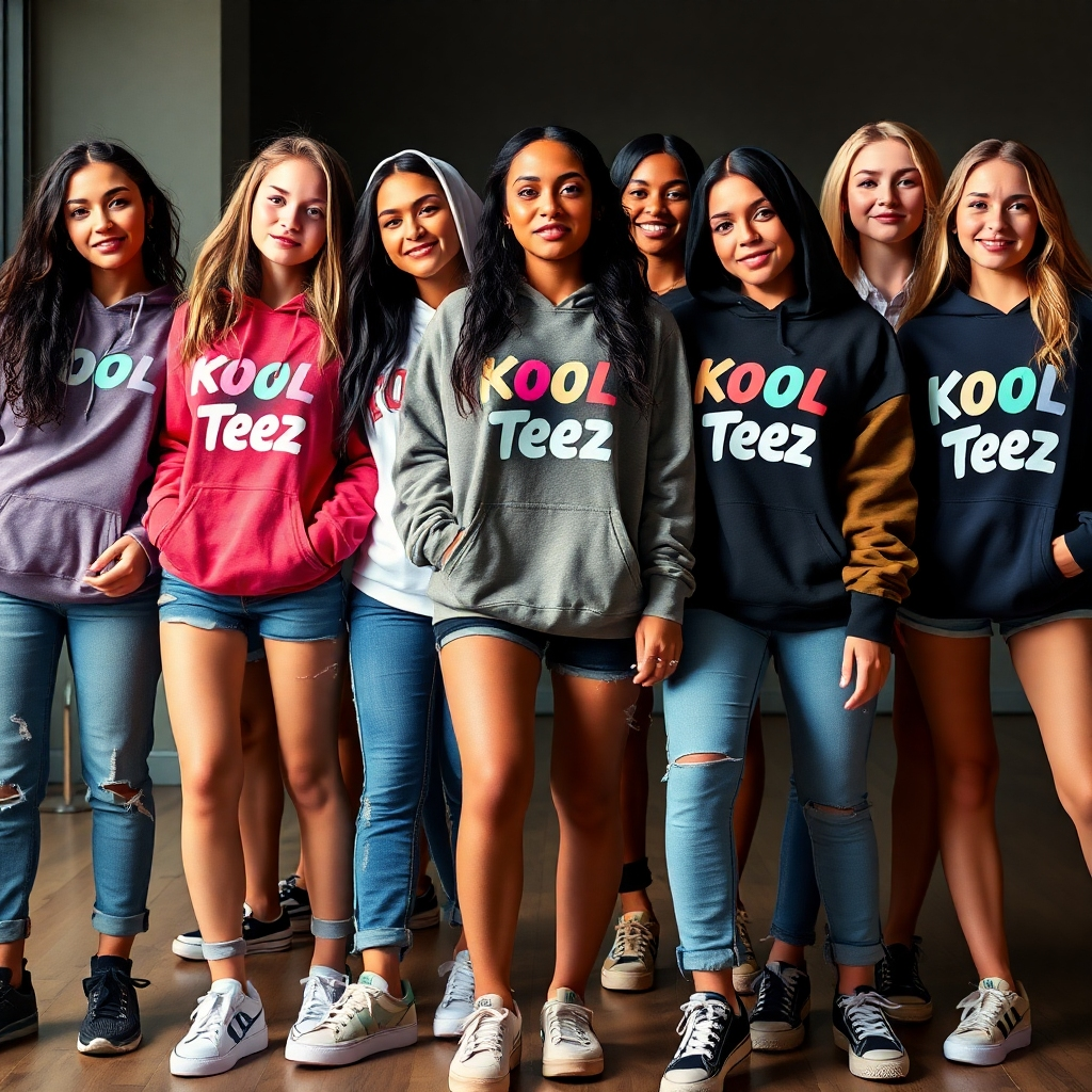 Create a photorealistic image of a diverse group of young women wearing different outfits, showcasing various styles of the Kool Teez hoodies and tees. The image should be dynamic, capturing a lively and energetic atmosphere.