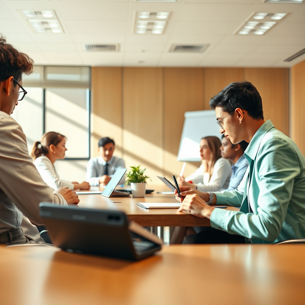 Create a photorealistic image that depicts a board meeting. Have the school clerks effortlessly taking the minutes in an organized manner. The lighting should be bright and welcoming, showing a collaborative and efficient setting. The style should emulate a formal but accessible aesthetic, similar to professional stock photos of board meetings, emphasizing how AI Clerk Academy boosts efficient school governance.