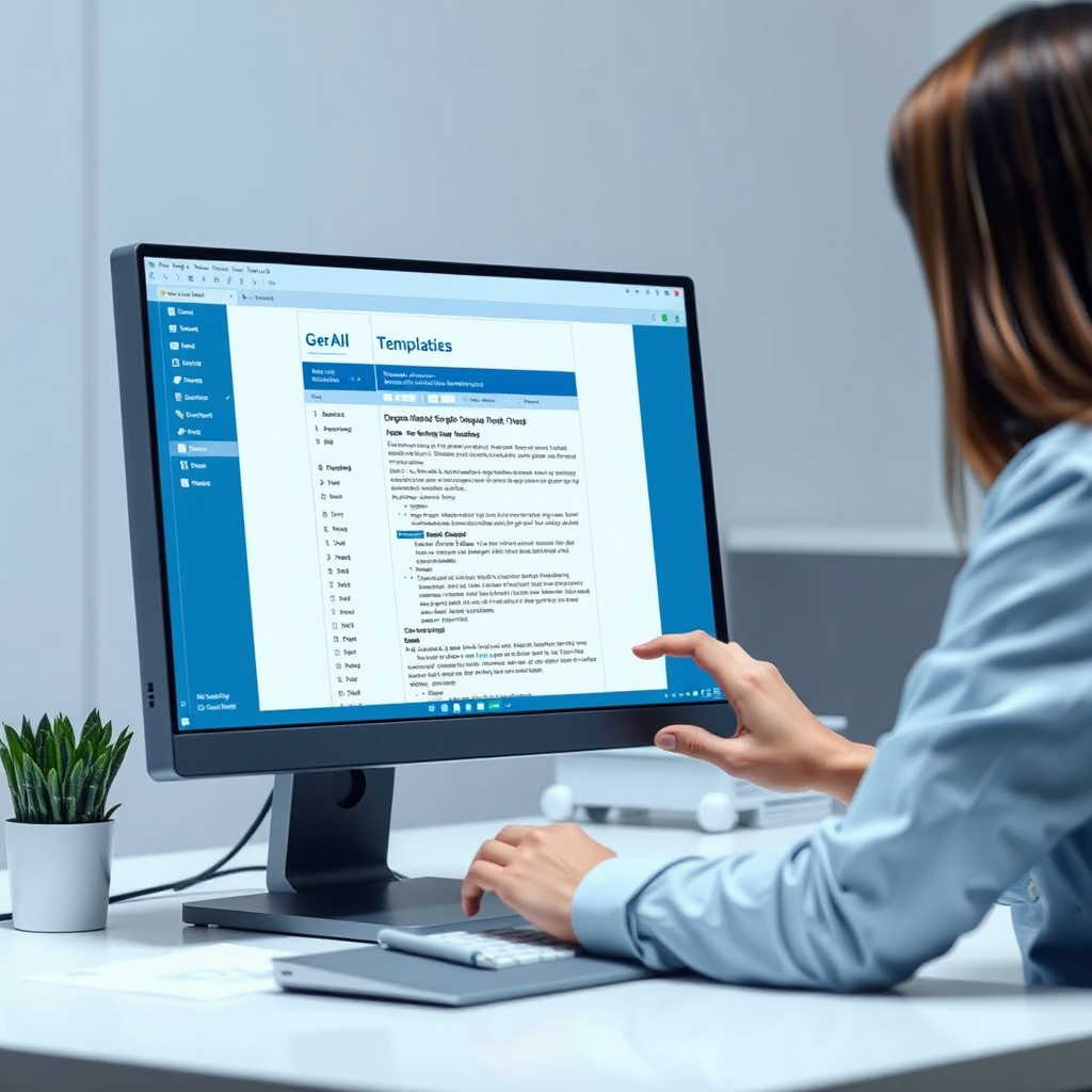 Create a photorealistic image displaying a DfE template being seamlessly integrated into AI-generated minutes on a computer screen. The scene should show a school clerk efficiently working with the AI tool, with the DfE template clearly visible. The color palette should be professional and efficient, using shades of blue and white. The style should be clean and modern, emphasizing the streamlined workflow and integration of DfE templates.