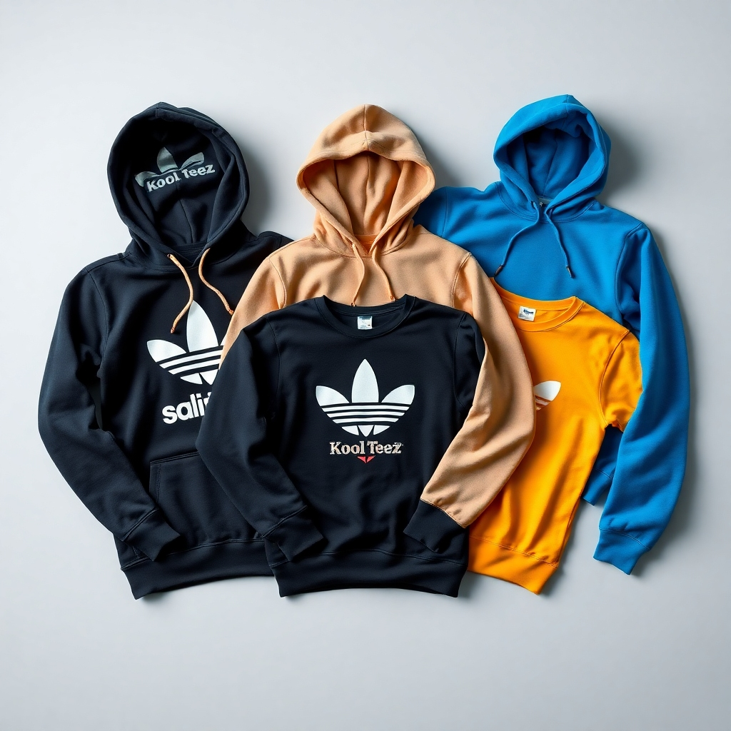 Create a photorealistic image showcasing the latest collection of hoodies and tees from Kool Teez, laid out on a clean and simple background. Focus on the high-quality materials and attention to detail in each design. Highlight the colors and unique design elements.