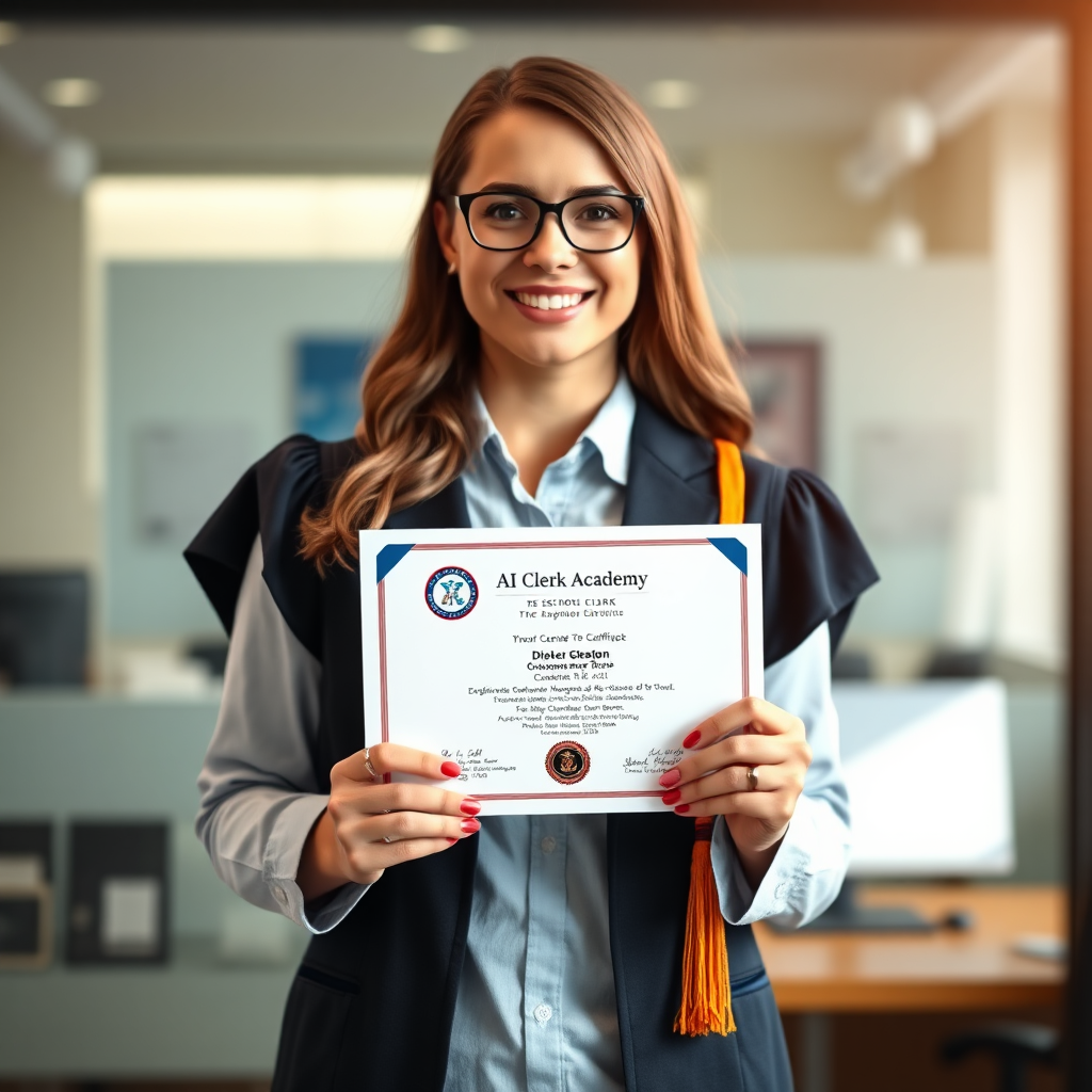 Create a photorealistic image that captures a school clerk proudly holding their newly earned AI Clerk Academy certification. The certificate should be prominently displayed, with a recognizable logo. The background should feature a professional office setting. The lighting should be warm and celebratory. The style should be motivational and aspirational, similar to graduation ceremony photos, emphasizing the value and recognition of the certification.