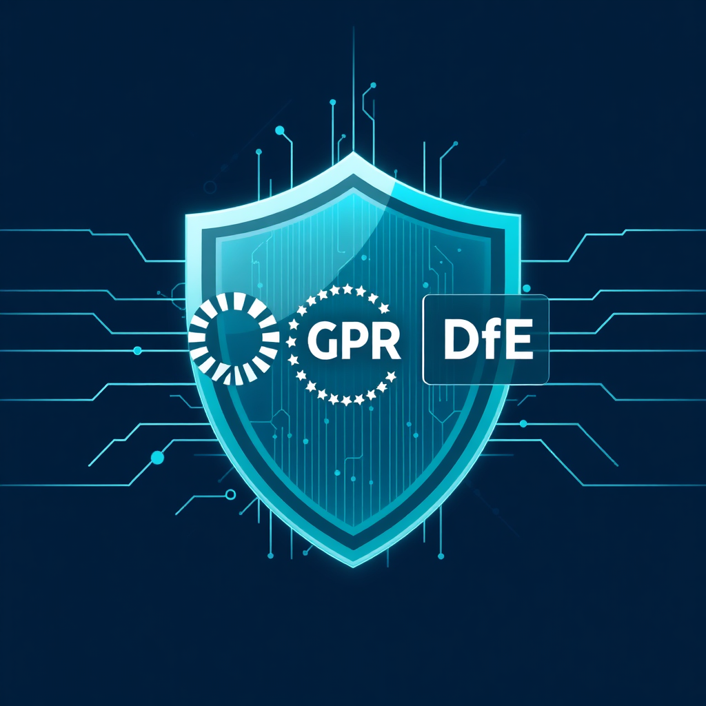 Create a stylized image depicting a digital shield with the GDPR and DfE logos integrated. Inside the shield, show AI-generated minutes flowing seamlessly. The color palette should convey trust and security, using shades of blue and green. The style should be modern and minimalist, inspired by cybersecurity advertisements, emphasizing the protection and compliance provided by AI Clerk Academy.