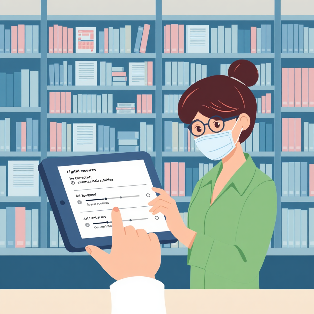Create a stylized image of a digital library filled with educational resources. Show a school clerk accessing these resources on a tablet, with options for adjusting speed, subtitles, and font sizes. The color palette should convey accessibility and convenience, using soft and calming tones.