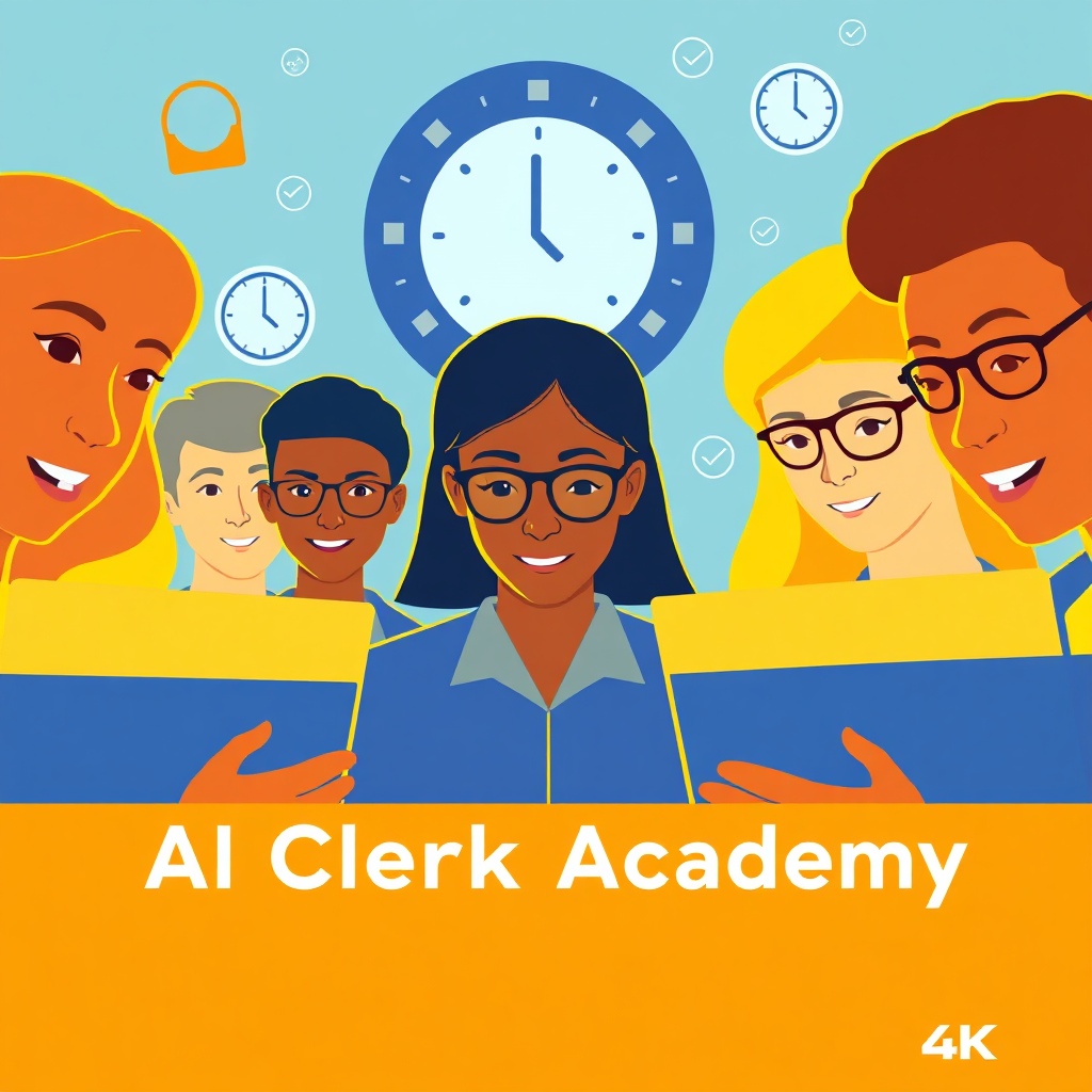 Create a stylized image representing the mission of AI Clerk Academy. Depict a group of diverse school clerks participating in an online training session. Their faces are illuminated by the glow of their laptop screens, where AI-generated minutes are displayed. Overlay the scene with subtle graphic elements symbolizing efficiency and compliance, such as clock icons and checkmarks. The color palette should be warm and inviting, using shades of orange, yellow, and blue. Consider a slightly elevated camera angle to convey a sense of community and progress. The style should be modern and optimistic, inspired by educational platform advertisements. Aim for 4K resolution and high-quality rendering.