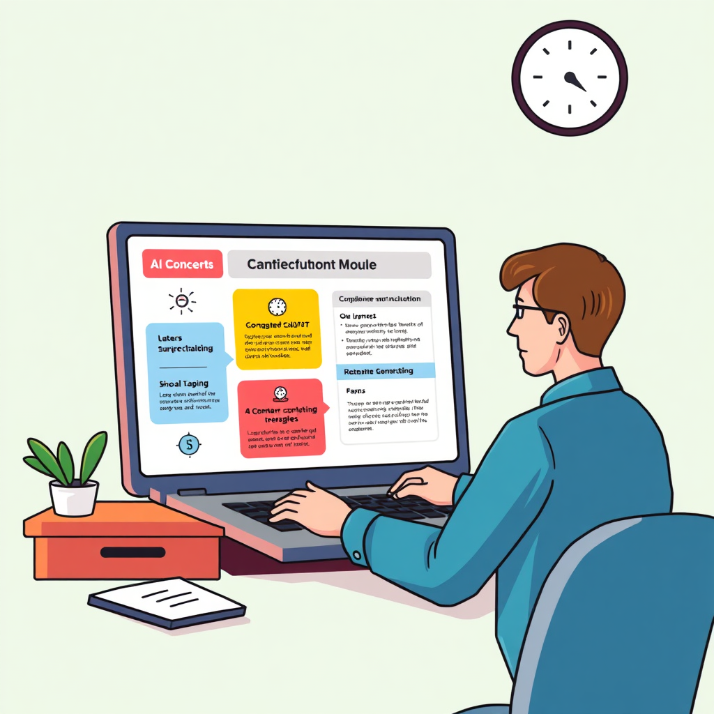Create a stylized image showing a school clerk interacting with an interactive AI training module on a laptop screen. The screen should display key concepts related to compliance and minute-taking. The color palette should be engaging and informative, using bright and contrasting colors. The style should be modern and playful, inspired by e-learning platform advertisements, emphasizing the engaging and interactive nature of the AI-driven training.