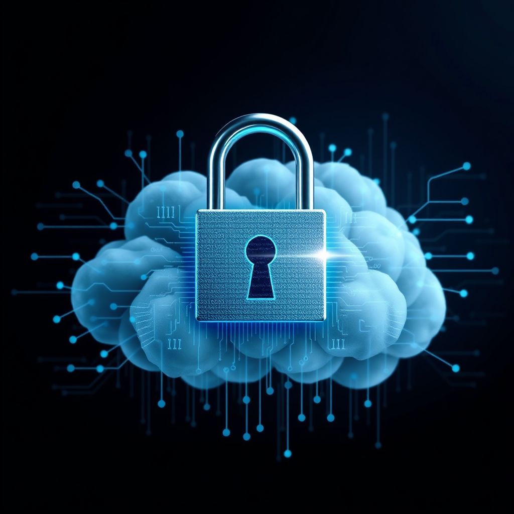 Create a stylized image that represents GDPR compliance through the use of AI. The scene should feature a digital lock superimposed on a cloud of data, with AI algorithms analyzing and protecting the information. The color palette should convey security and trust, using shades of blue and gray. The style should be modern and technological, inspired by cybersecurity visualizations, emphasizing the AI-powered protection of GDPR compliance.