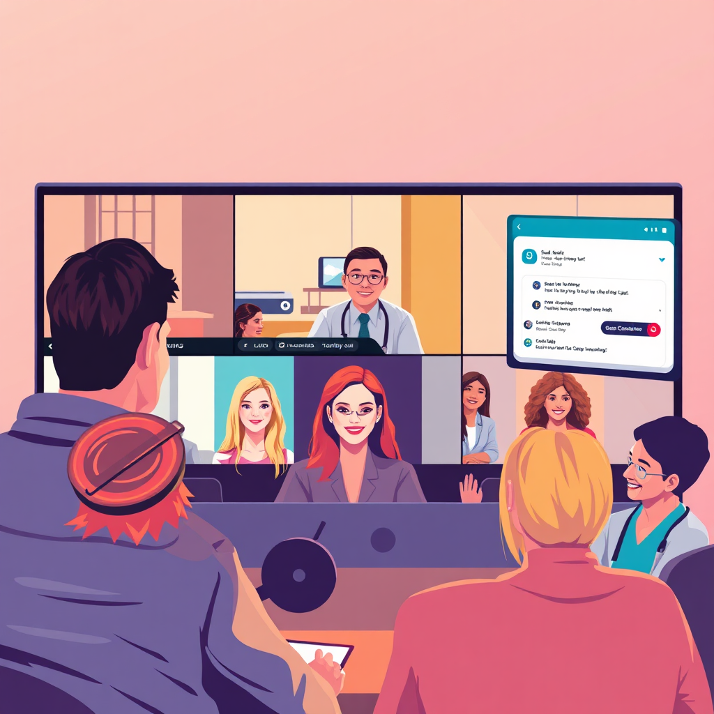 Create a vibrant, engaging image of a live online training session. Show diverse school clerks participating, with the instructor leading the session. Interactive elements like chat windows and polls should be visible. The color palette should be warm and inviting, conveying a sense of community and active learning.