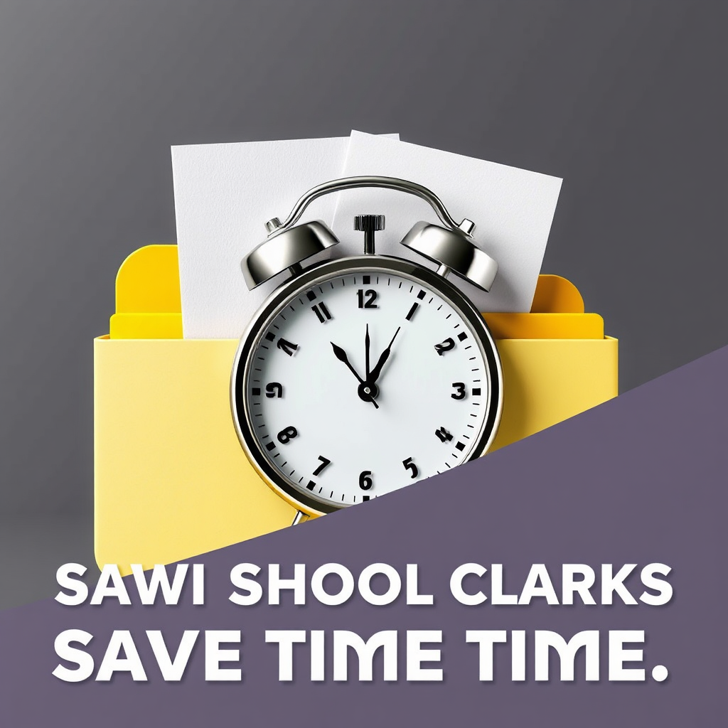 Create a visual of a clock inside of a folder with documents, with AI integrated. Use a contrasting color palette, with bright yellow and white, along with modern fonts. The overall style of the image should communicate that it allows school clerks to save time efficiently.