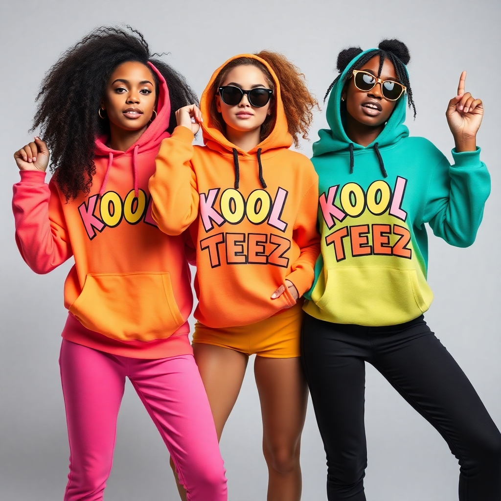 Create an image showcasing three different young women wearing the Kool Teez hoodies and tees in a vibrant and energetic pose, using a dynamic composition. The colors and styles of the clothes should vary. The setting should be a simple, but stylish background.