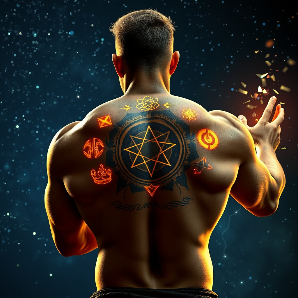 A bodybuilder's back with a wizard tattoo featuring glowing runes and mystical symbols. The wizard is casting a spell, with energy emanating from his hands. The background is a starry night sky. Lighting: Dramatic and magical with glowing effects. Technical Specs: 4K resolution, photorealistic rendering.