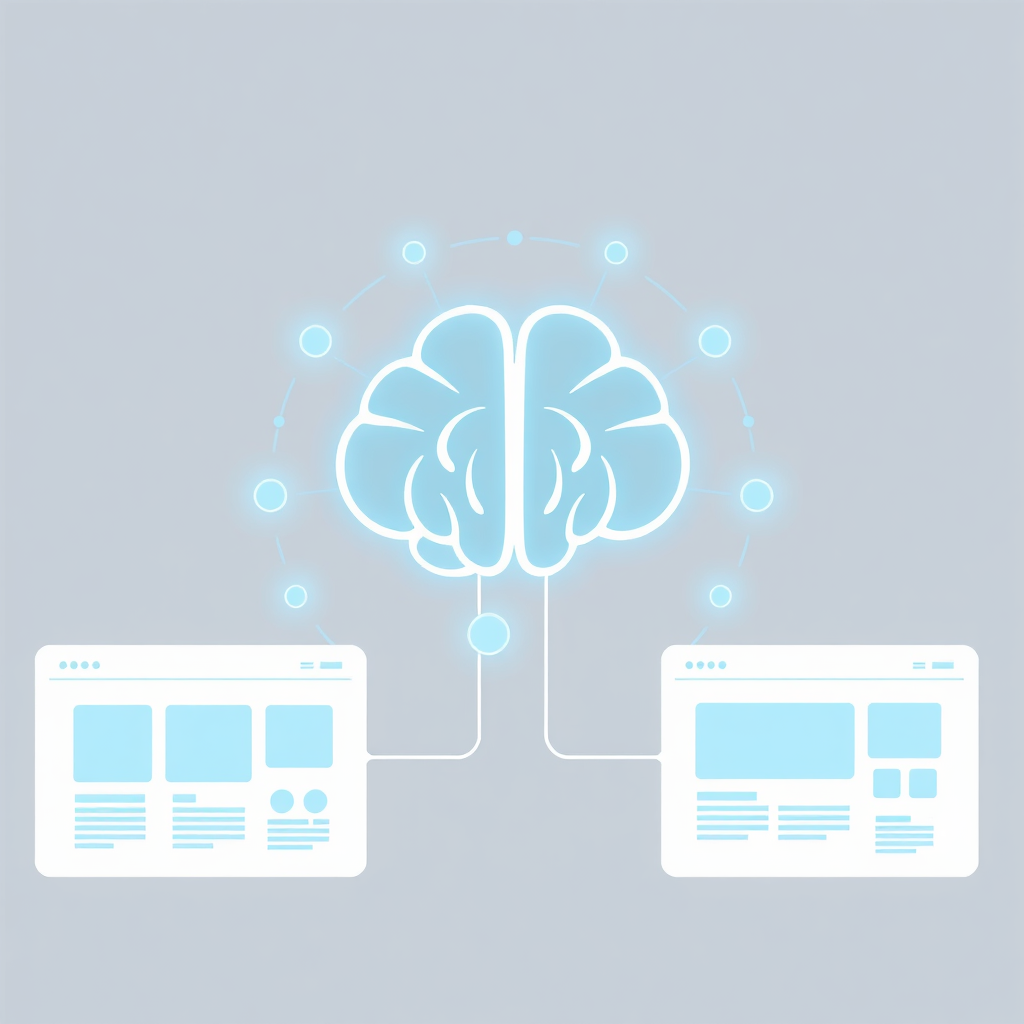 A clean, minimalist design featuring a single, stylized AI brain icon generating website layouts. The layouts should appear as wireframes being constructed around the AI icon. The color palette should be light and airy, with a focus on white and light blue. Emphasize the simplicity and user-friendliness of the AI. Technical specs: Clean vector graphics, 4K resolution.