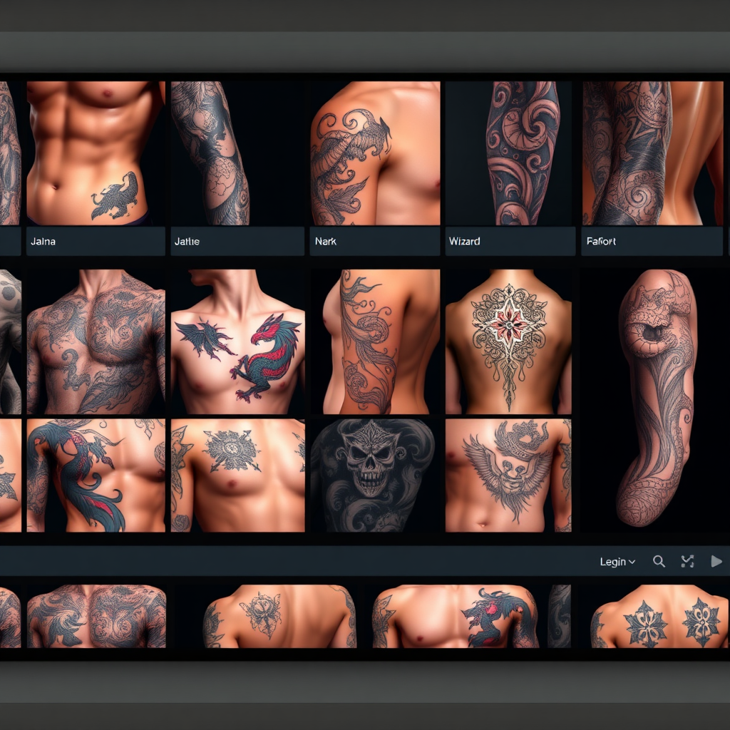 A digital interface showcasing a vast gallery of tattoo designs on different body parts. The designs range from dragons to tribal patterns to wizard motifs. The interface has a sleek and modern design. Lighting: Bright and even to highlight the designs. Technical Specs: 4K resolution, digital rendering.