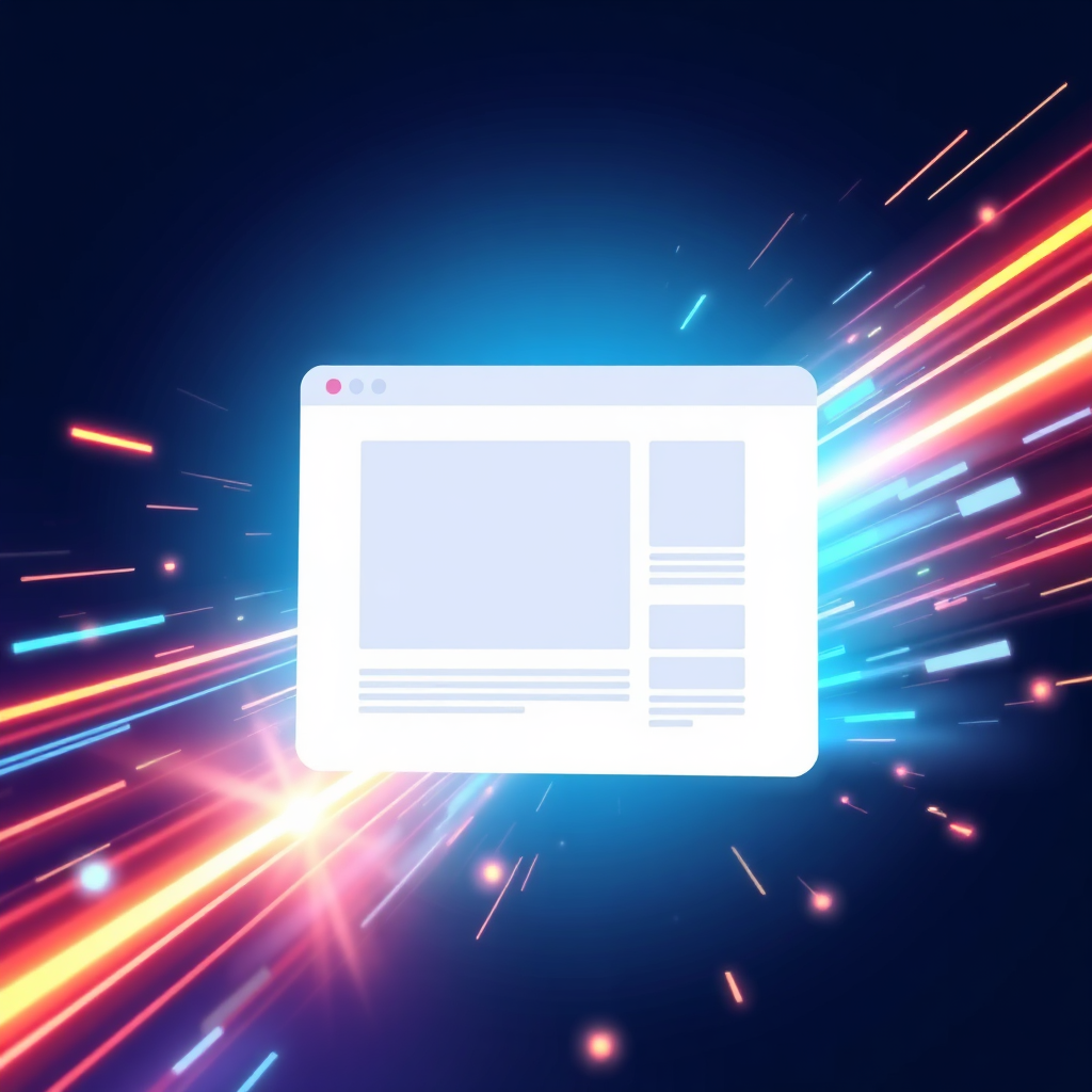 A dynamic illustration depicting a blank website template rapidly transforming into a fully designed and populated website. The transformation is powered by streaks of light representing AI algorithms. The color palette is energetic and futuristic. Focus on the speed and efficiency of the AI-powered generation process. Technical specs: Animated GIF or short video clip, 4K resolution.