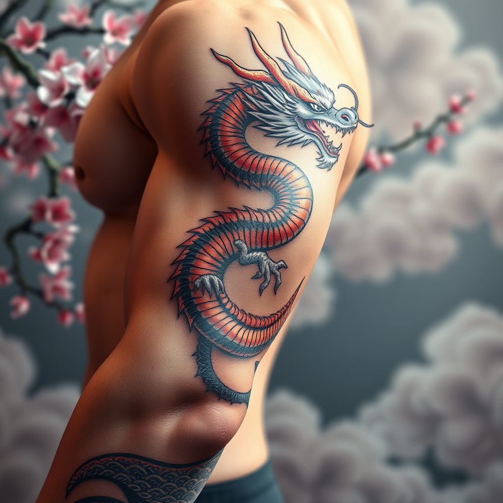 A muscular arm featuring a majestic dragon tattoo in a Japanese style. The dragon is coiling around the arm, with vibrant colors and intricate details. The background includes cherry blossoms and clouds. Lighting: Soft and diffused to showcase the artistry. Technical Specs: 4K resolution, photorealistic rendering.