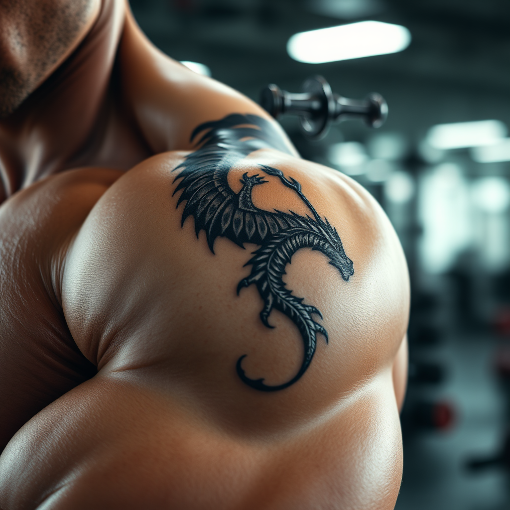 A photorealistic close-up of a bodybuilder's shoulder with a intricately detailed dragon tattoo in black and grey ink. The dragon's scales shimmer with subtle highlights, conveying texture and depth. The background is a blurred gym setting, hinting at strength and dedication. Camera angle: Macro shot focusing on the tattoo and the skin's texture. Style reference: Realism with a touch of fantasy art. Lighting: Soft, diffused lighting to enhance the detail. Environment: Gym setting with focus on dragon scales. Technical specs: 4K resolution, photorealistic rendering.