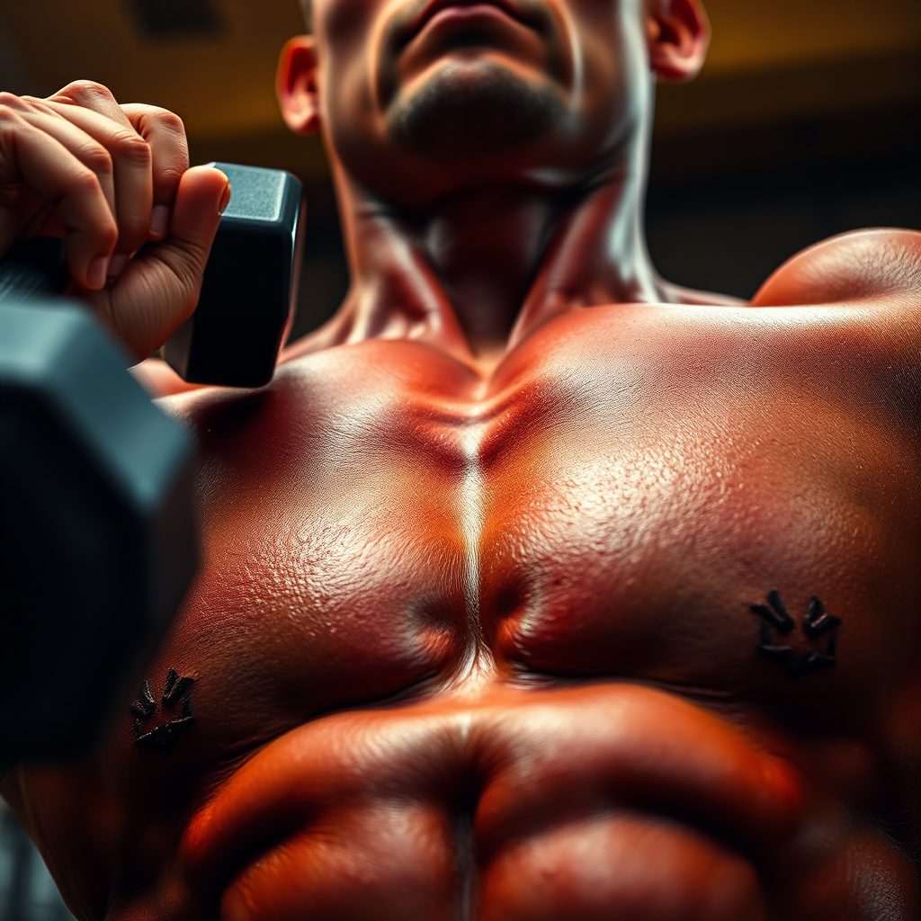 A photorealistic close-up of a person's chest muscles contracting during a dumbbell bench press. The background is blurred, focusing attention on the chest. The lighting is dramatic, highlighting the muscle fibers. Color palette: warm and intense, with reds and oranges. Camera angle: low angle looking up at the chest. Texture details: sweat and muscle striations. Style reference: bodybuilding photography. Technical specs: 4K resolution, high quality.