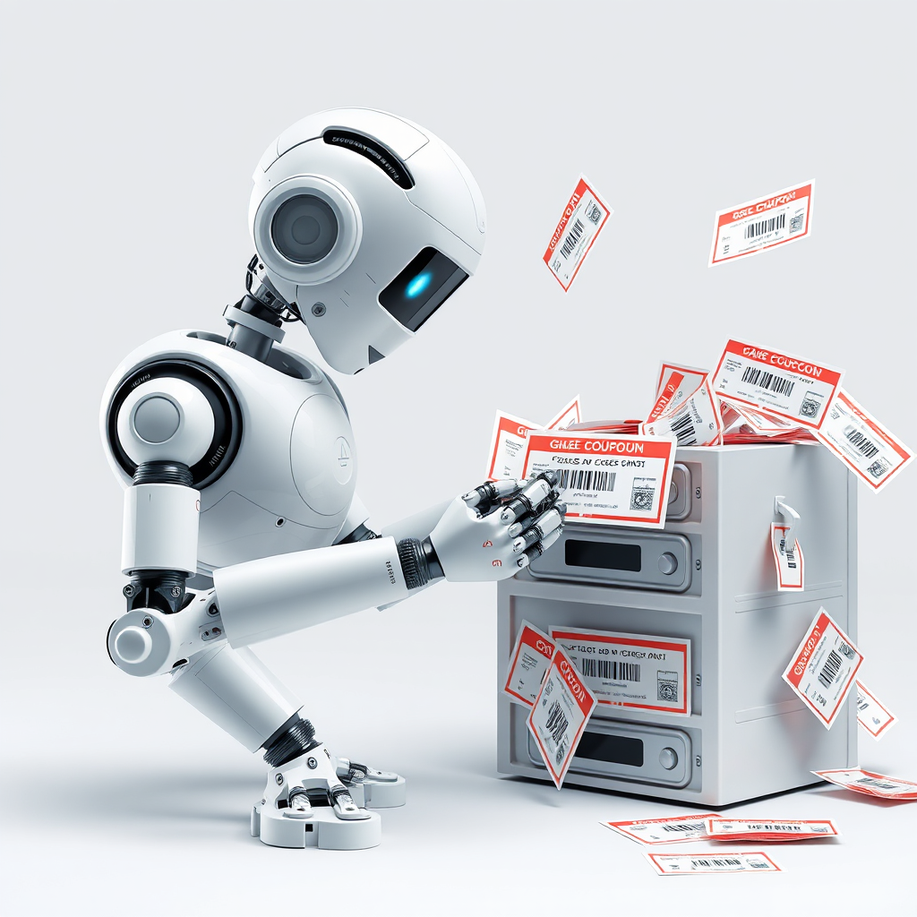 A photorealistic image depicting a robot meticulously collecting digital coupons from various websites, storing them in a secure database. The robot is efficient and precise. The color palette is clean and professional. Technical specs: 4K, high-quality, realistic rendering.
