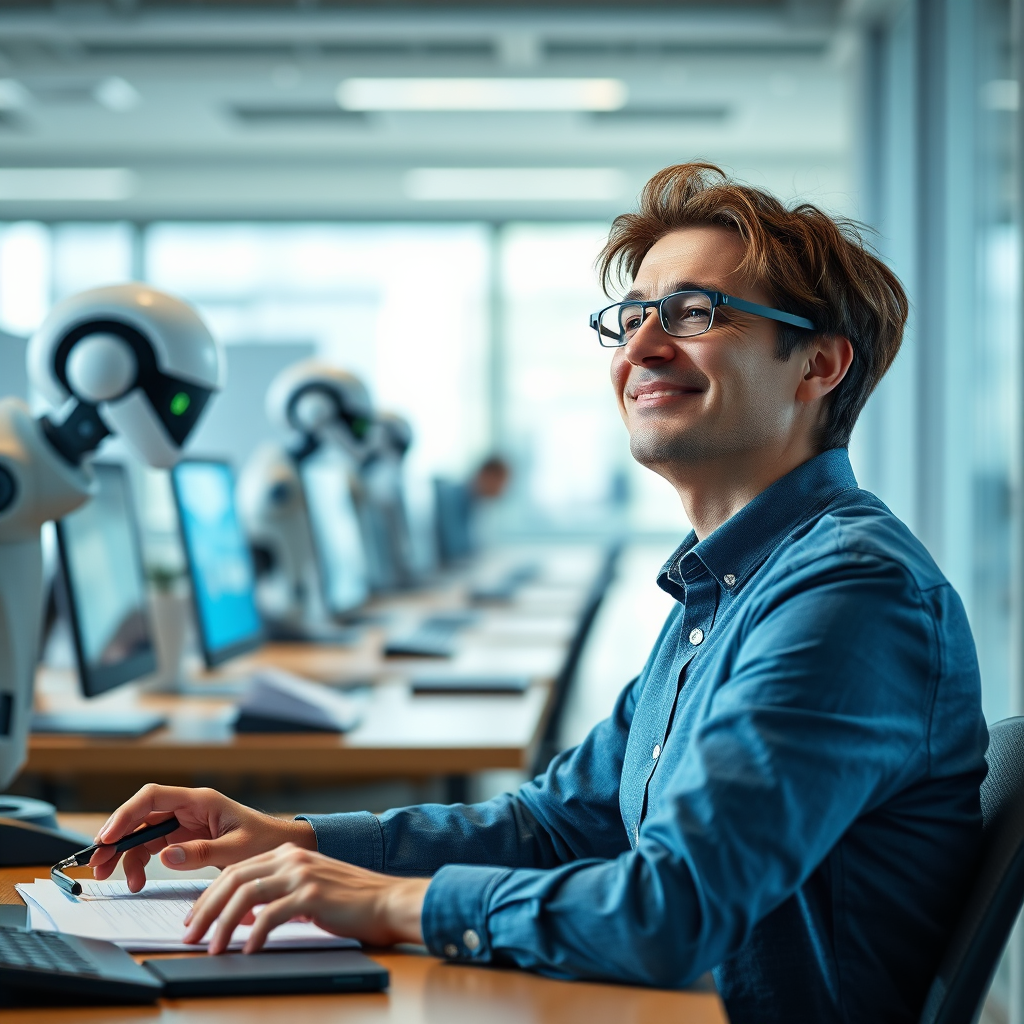 A photorealistic image depicting a person looking relieved, sitting at a desk as AI-powered robots seamlessly handle paperwork and data entry in the background. The scene is bright and airy, suggesting a stress-free environment. The color palette is calming and professional, with blues and greens dominating. The camera angle is a medium shot, focusing on the person's relaxed expression. Technical specs: 4K, high-quality.