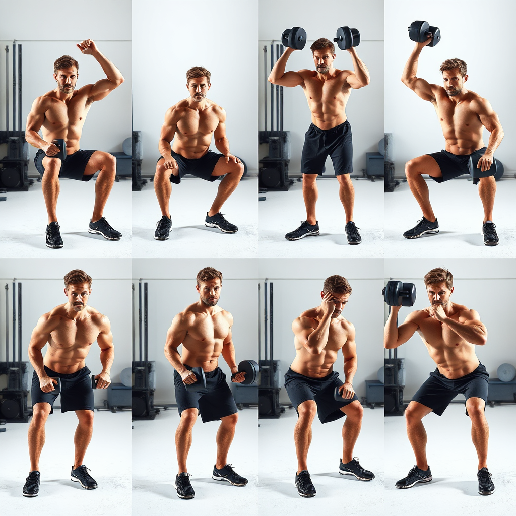 A photorealistic image displaying a collage of different dumbbell exercises being performed correctly. Exercises include rows, squats, overhead press, and curls. Each exercise is clearly demonstrated with proper form. Background is a clean white space. Color palette: cool and professional. Camera angle: front view showing multiple exercises. Texture details: Focus on muscle definition and proper form. Style reference: instructional fitness photography. Technical specs: 4K resolution, high quality.