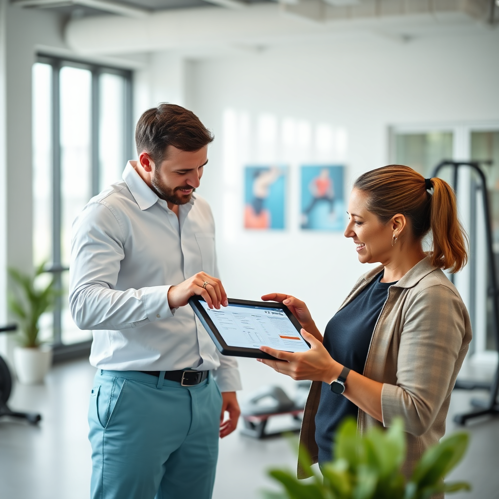A photorealistic image featuring a fitness consultant discussing fitness goals with a client. They are reviewing a fitness plan together on a tablet. The setting is a modern and bright office space. Color palette: Clean and professional, with whites, blues, and greens. Camera angle: Medium shot, capturing the interaction between the consultant and the client. Texture details: focus on the tablet screen. Style reference: Business and fitness photography. Technical specs: 4K resolution, High Quality.