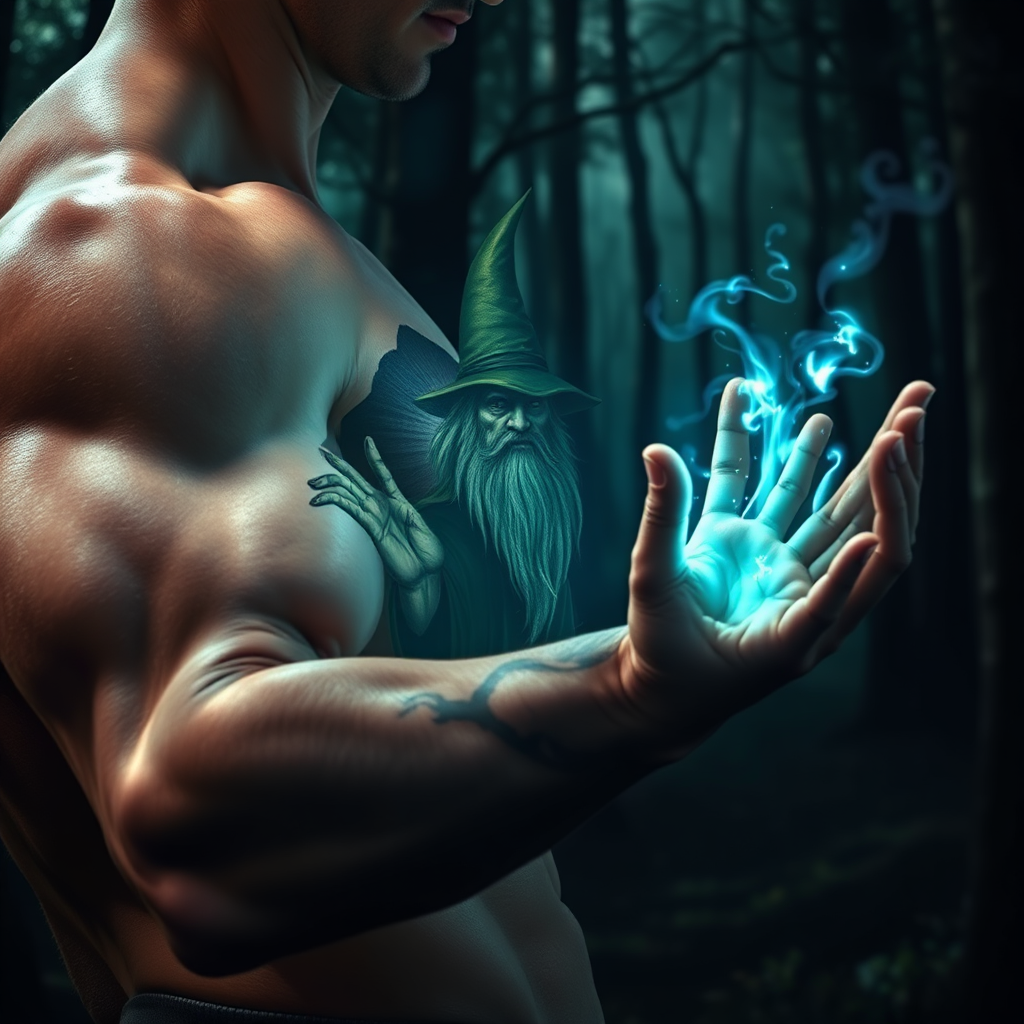 A photorealistic image of a bodybuilder's arm featuring a wizard tattoo with glowing runes. The wizard is depicted casting a spell, with mystical energy emanating from his hands. The background is a dark, mysterious forest. Camera angle: Medium shot, focusing on the wizard and the runes. Style reference: Fantasy art with a touch of realism. Lighting: Dramatic lighting with glowing effects. Environment: Dark, mysterious forest setting. Technical specs: 4K resolution, photorealistic rendering with special effects.