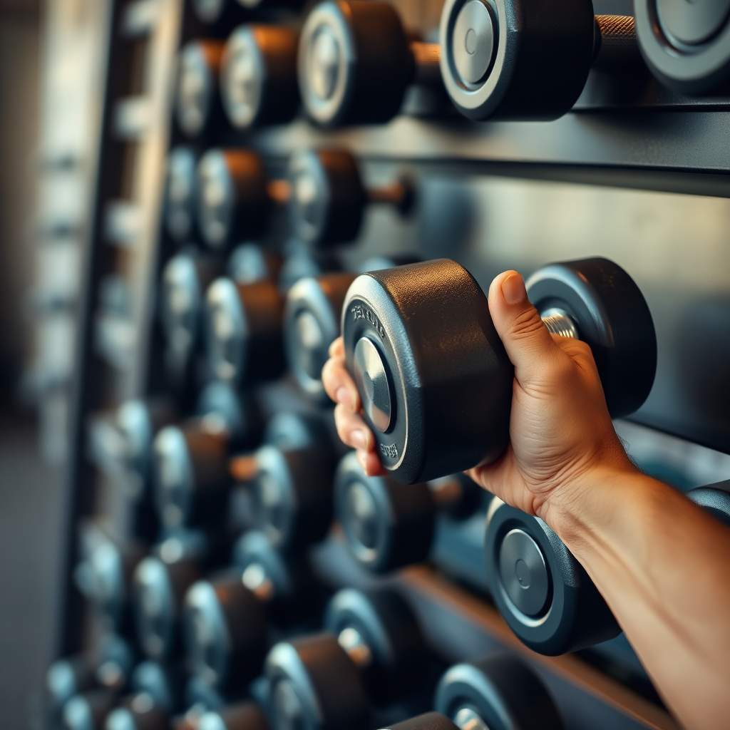 A photorealistic image of a hand selecting a dumbbell from a well-organized rack. The focus is on the hand and the chosen dumbbell, with other dumbbells blurred in the background. Lighting is soft and inviting. Color Palette: Warm and inviting, with browns, grays, and a touch of green. Camera Angle: Close-up, focusing on the hand and the dumbbell. Texture Details: The grip of the dumbbell, the texture of the rack. Style Reference: Product Photography. Technical Specs: 4K resolution, High Quality.