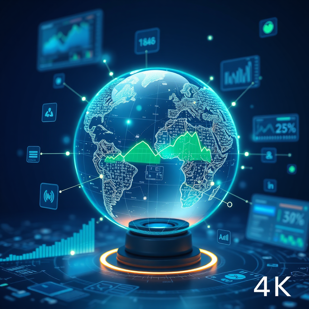 A photorealistic image of a holographic globe with data points highlighting key trends and patterns. The globe is surrounded by floating data visualizations. The color palette is cool and professional, with blues and greens dominating. Technical specs: 4K, high-quality, data visualization.