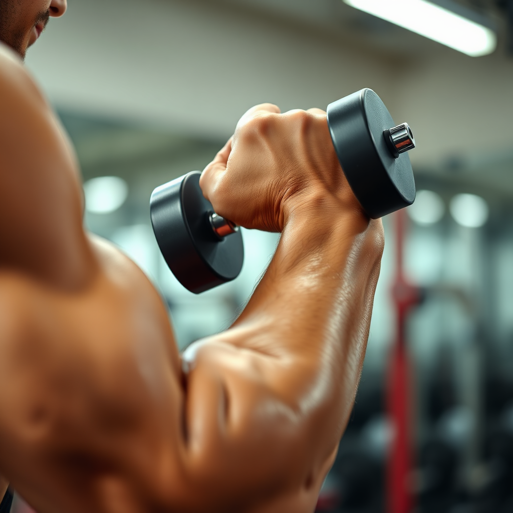 A photorealistic image of a person performing a bicep curl with a dumbbell. Focus on the bicep muscle flexing. The background is a blurred gym environment. The lighting is bright and focused on the arm. Color palette: warm tones with emphasis on muscle definition. Camera angle: side view at eye level. Texture details: sweat on the skin, veins in the arm. Style reference: fitness photography. Technical specs: 4K resolution, high quality.