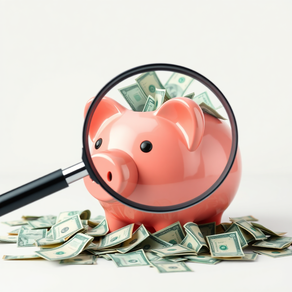 A photorealistic image of a piggy bank overflowing with money, with a magnifying glass focusing on the savings potential. The piggy bank is brightly lit. Technical specs: 4K, high-quality, realistic rendering.