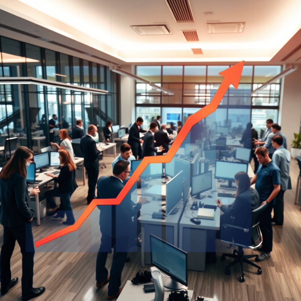 A photorealistic image of a rising graph superimposed over a busy office environment, with workers collaborating effectively. The graph is brightly colored, indicating growth and success. The environment is modern and dynamic. The camera angle is a wide shot, capturing the entire scene. Technical specs: 4K, high-quality, corporate photography.