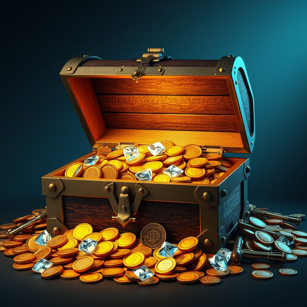 A photorealistic image of a treasure chest overflowing with gold coins and diamonds, symbolizing the value and benefits of Apex AI Tool. The chest is brightly lit, highlighting the wealth inside. Technical specs: 4K, high-quality, realistic rendering.