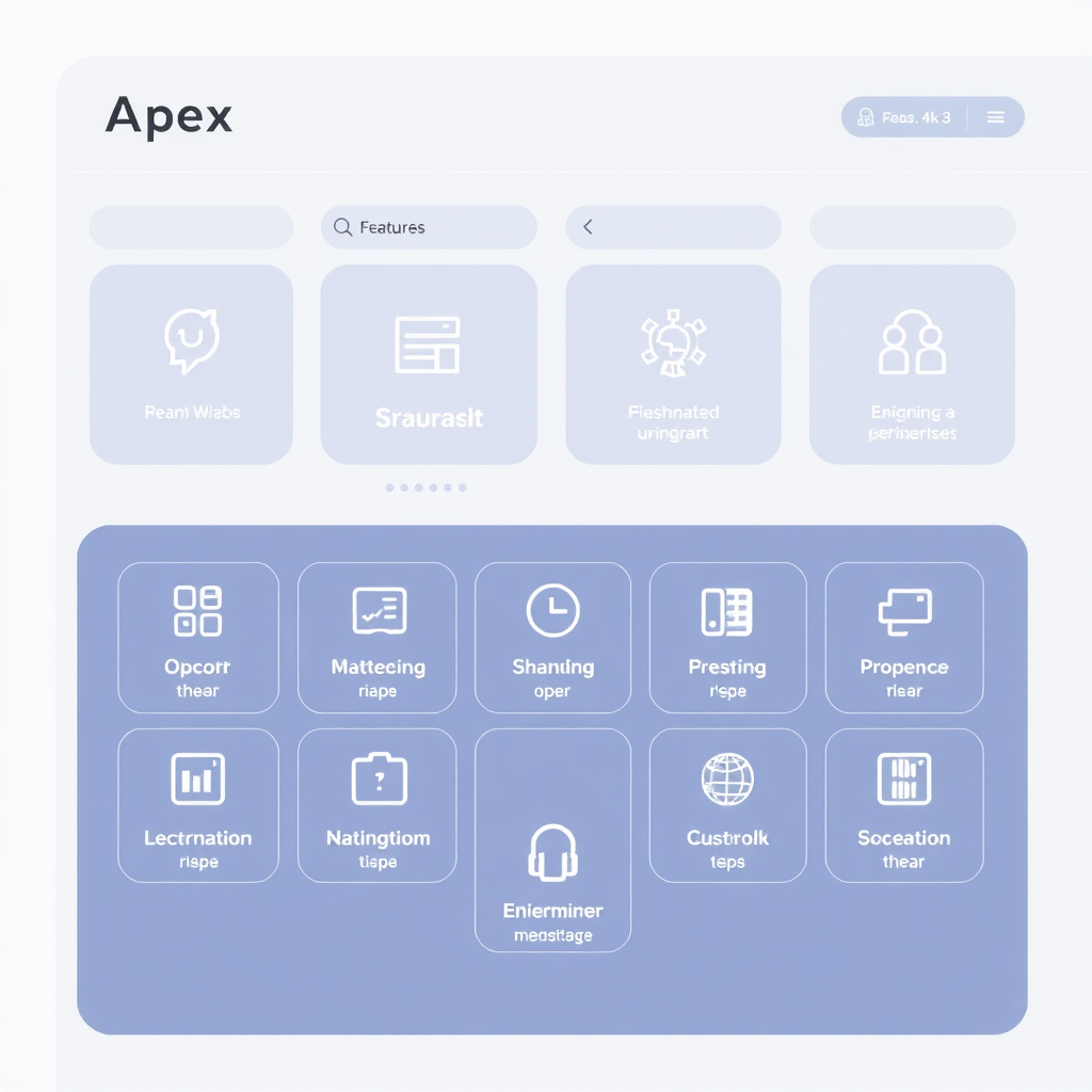 A photorealistic image of a user interface showcasing the various features of Apex AI Tool, with clear and intuitive icons. The UI is clean and modern. The color palette is professional and user-friendly. Technical specs: 4K, high-quality, UI/UX design.