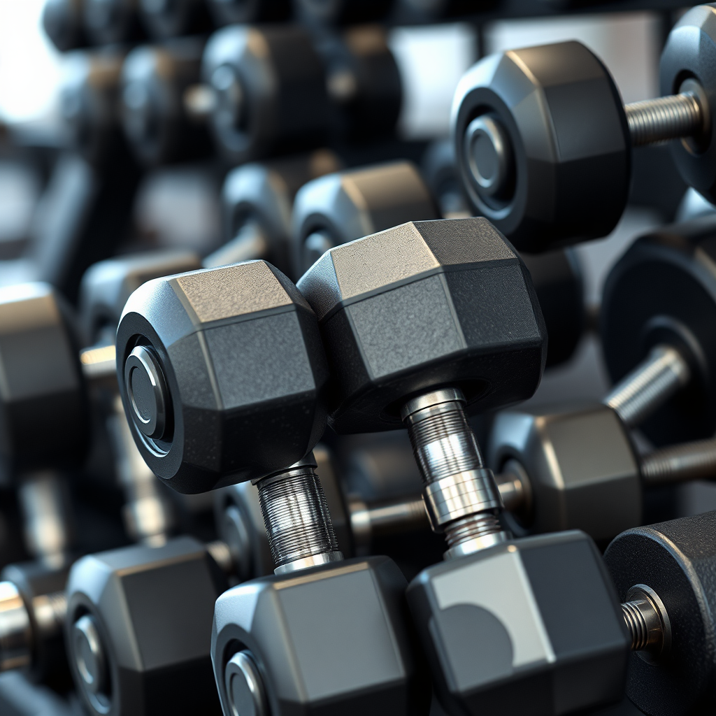 A photorealistic image showcasing a variety of dumbbells arranged on a rack. Different types, sizes, and materials (rubber, metal, adjustable) are clearly visible. The lighting is soft and diffused, highlighting the textures and shapes of the dumbbells. The background is blurred to keep the focus on the equipment. Color palette: neutral grays and blacks with metallic accents. Camera angle: close-up shot with shallow depth of field. Texture details: realistic rendering of rubber, metal, and knurling. Style reference: product photography. Technical specs: 4K resolution, high quality.