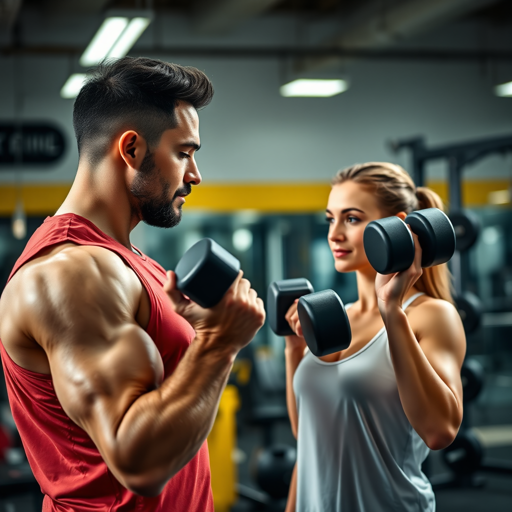 A photorealistic image showing a personal trainer guiding a client through a dumbbell exercise. The focus is on proper form and technique. The background is a well-equipped gym. The lighting is focused and motivational. Color Palette: Energetic and motivating, with yellows, blues, and greens. Camera Angle: Side view, capturing the interaction between the trainer and the client. Texture Details: Focus on muscle engagement and proper form. Style Reference: Training Photography. Technical Specs: 4K resolution, High Quality.