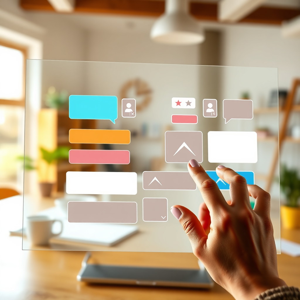 A photorealistic image showing hands interactively dragging and dropping website elements (buttons, images, text boxes) onto a digital canvas. The background showcases a bright and inspiring workspace. The focus is on the seamless and intuitive drag-and-drop experience. The color palette is vibrant and engaging. Technical specs: 4K resolution, sharp focus on the hands and the digital canvas.