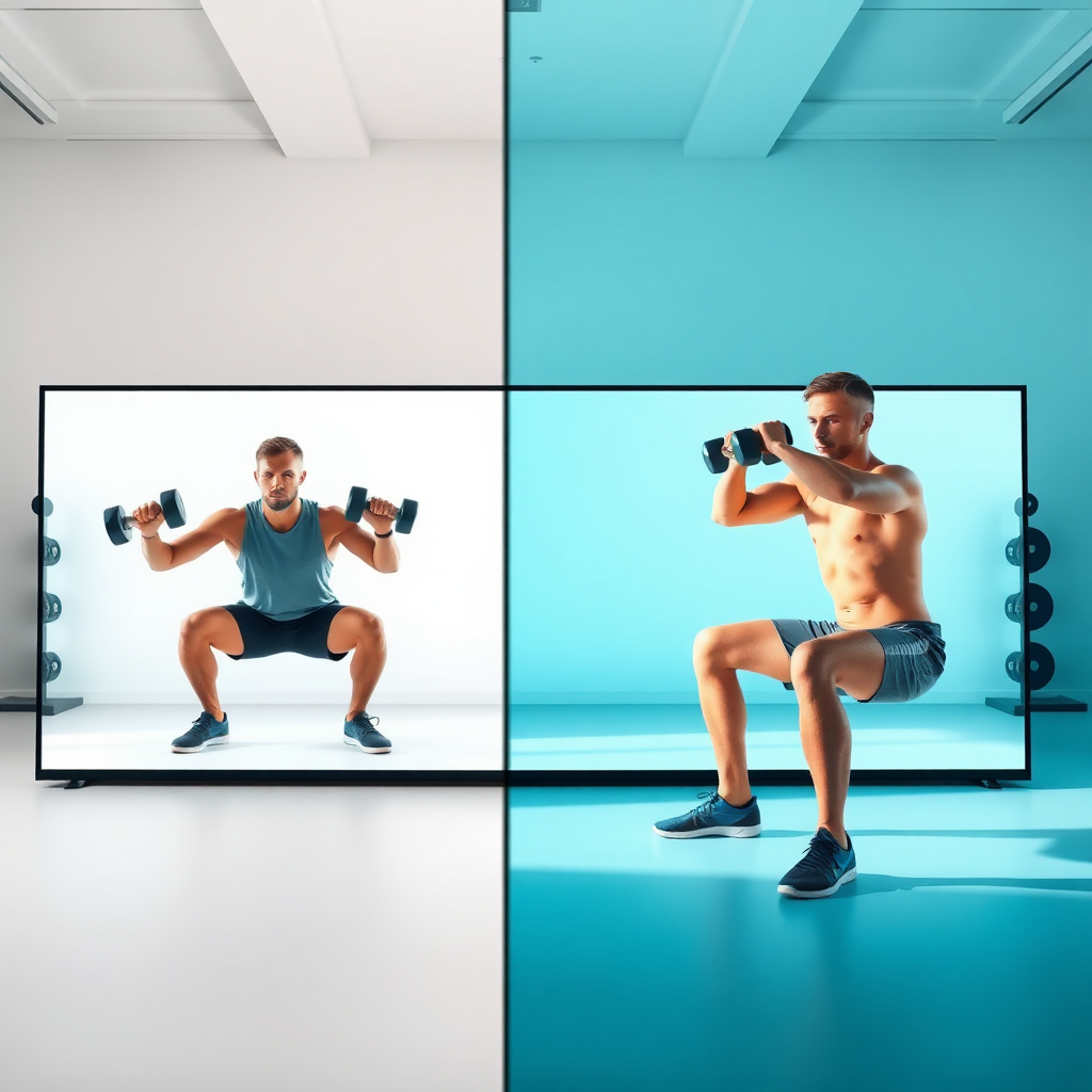 A photorealistic image showing a split screen. On one side, a person is performing a dumbbell squat. On the other side, the same person is doing a dumbbell row. The background is a minimalist gym setting. Lighting is even and bright. Color Palette: Clean and modern, with whites, grays, and a pop of blue. Camera Angle: Eye-level, showing full body movement. Texture Details: Focus on muscle definition and proper form. Style Reference: Fitness Magazine Photography. Technical Specs: 4K resolution, High Quality.