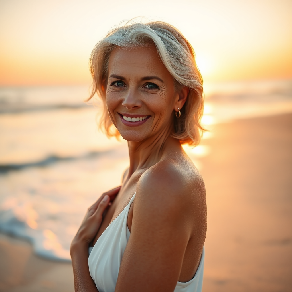 A photorealistic, ultra-high quality 8K image showcasing the transformative effect of 'Anti-Aging Sunless Tanning'. The subject is a woman in her early 50s, radiating confidence and health. She's elegantly posed in soft, natural lighting, wearing a flowing white dress that accentuates her subtly tanned and flawless skin. The background is a serene beach scene at sunset, with gentle waves and a warm, golden light casting a glow on her face and body. The focus is on the smooth, even skin tone, minimizing the appearance of any imperfections like cellulite or varicose veins. Camera angle is a medium shot, emphasizing her radiant smile and healthy complexion. Textures are hyperrealistic, capturing the natural luminosity of her skin. Style reference: timeless beauty with a touch of modern elegance.