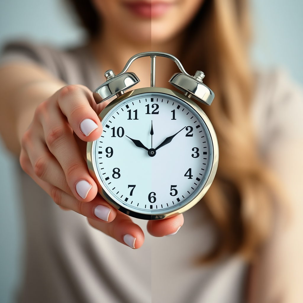 A split-screen image showing a clock superimposed on a woman's hand, with the tanned side looking youthful and vibrant, and the untanned side appearing older. High quality, detailed texture.