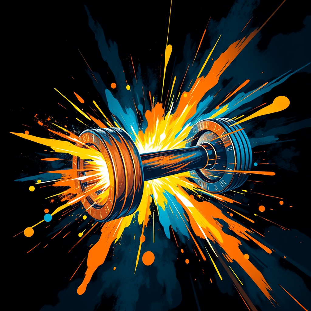 A stylized image depicting a dumbbell exploding with energy and light. The background is dark and abstract, representing the intensity of advanced training. Color palette: vibrant blues, oranges, and yellows. Camera angle: dynamic and dramatic angle. Texture details: abstract energy patterns. Style reference: abstract art. Technical specs: 4K resolution, high quality.