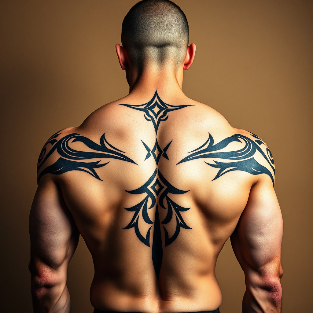 A stylized image of a bodybuilder's back adorned with bold tribal tattoo designs. The tattoos feature thick, black lines and geometric shapes that accentuate the muscles. The background is a simple, earthy tone, highlighting the tattoo's design. Camera angle: Full back shot, emphasizing the symmetry and strength of the tattoo. Style reference: Traditional tribal art with a modern twist. Lighting: Strong, directional lighting to create contrast and depth. Environment: Neutral backdrop highlighting the design. Technical specs: 4K resolution, high-quality rendering with sharp lines.