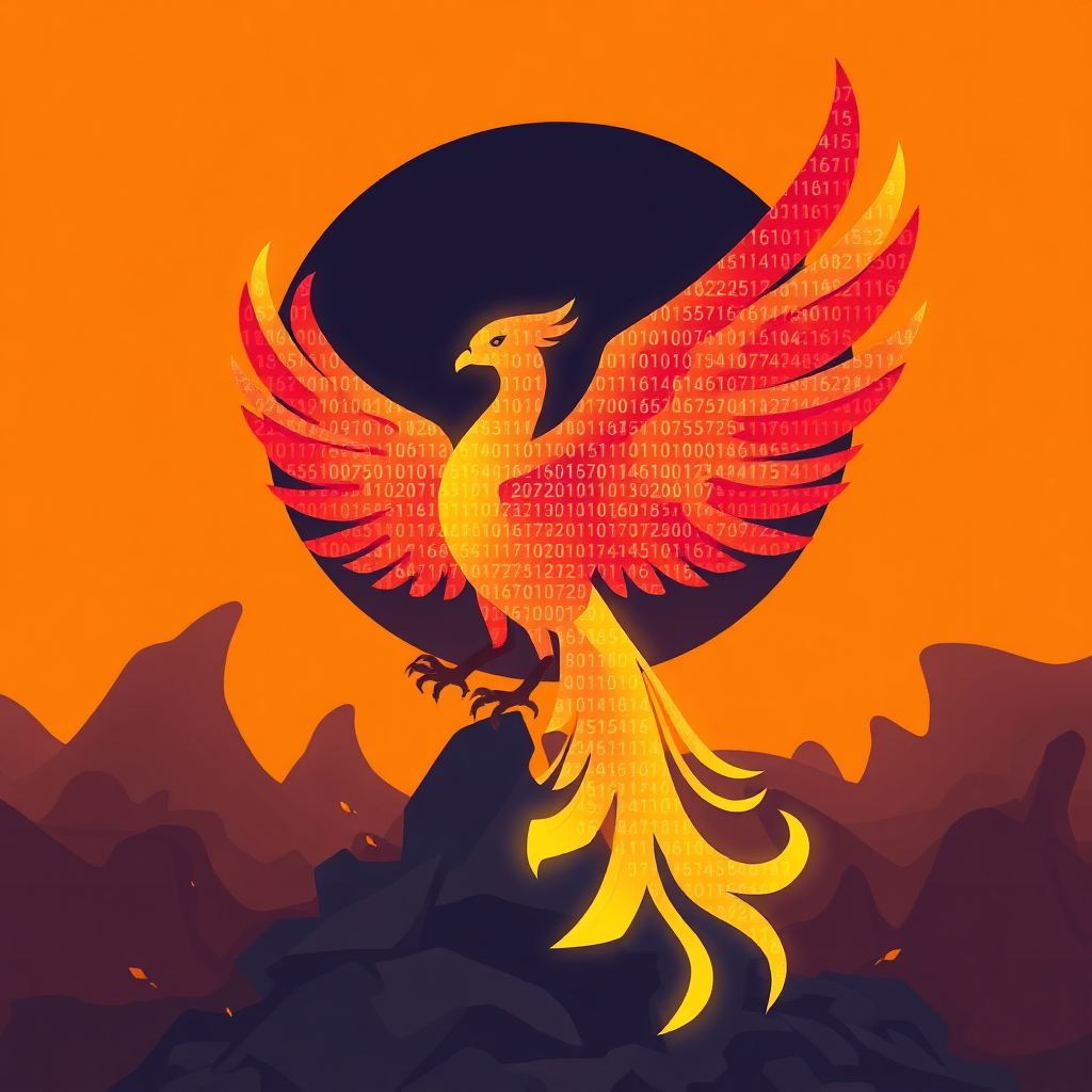 A stylized image of a phoenix rising from ashes, symbolizing transformation and rebirth. The phoenix is made of binary code, representing the AI-powered nature of the tool. The color palette is warm and vibrant. Technical specs: 4K, high-quality, digital art.