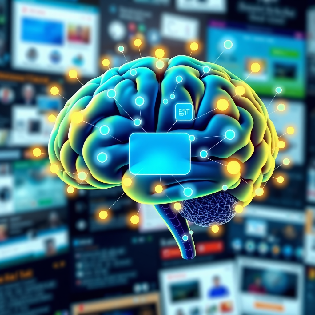 A stylized image showcasing a brain composed of interconnected nodes, each representing a website element (text box, image, button). These nodes are being organized and connected by glowing AI pathways. The color palette is vibrant with gradients of blue, green, and yellow, symbolizing innovation and ease of use. The background is a blurred image of various website design interfaces. The image should evoke intelligence and user-friendly technology. Style reference: Modern abstract art. Technical specs: 4K resolution, high quality rendering with depth of field.