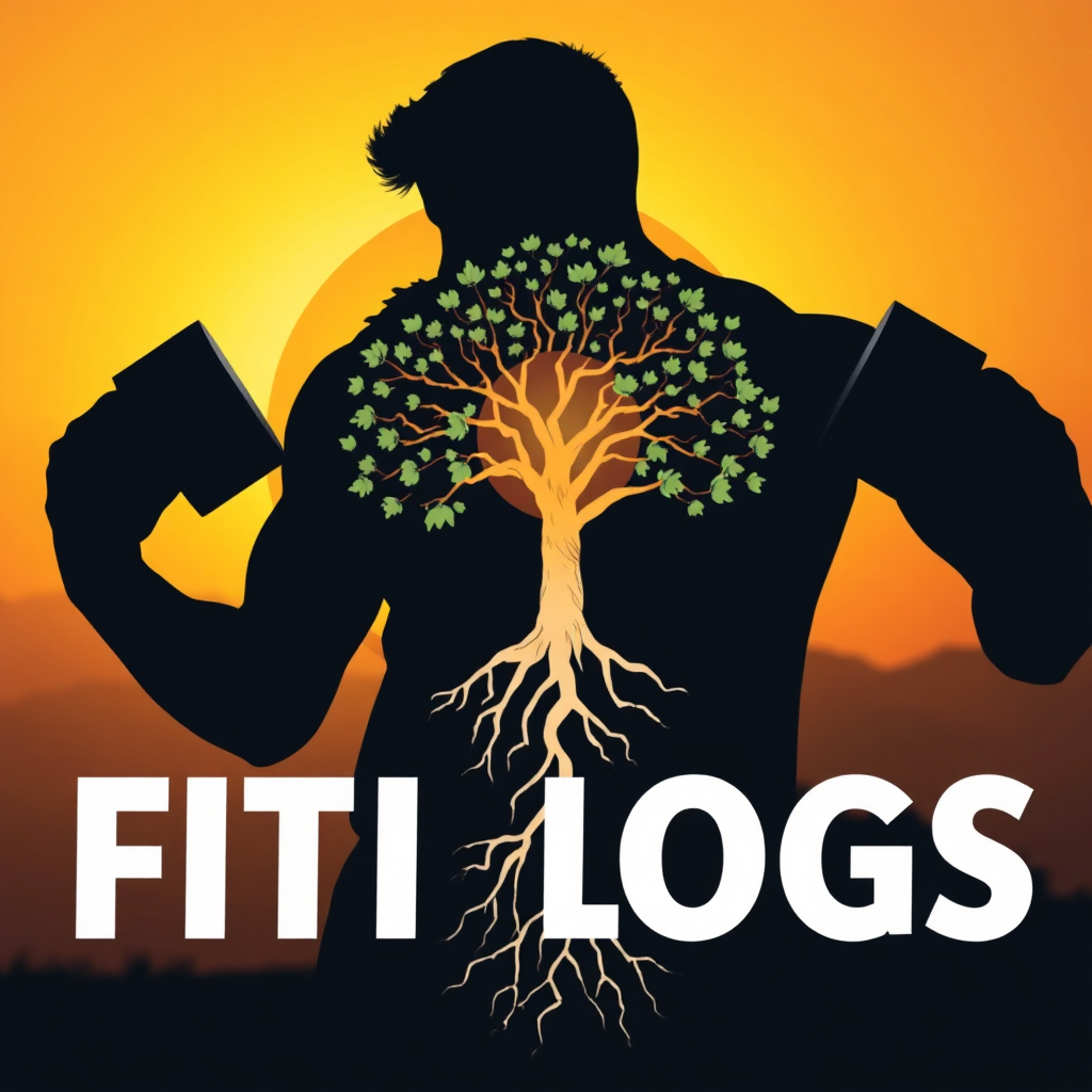 A stylized image showing a silhouette of a person holding dumbbells, with a tree of life growing inside the silhouette. The roots of the tree are muscles, and the leaves are fitness goals. The background is a sunrise. Color palette: Warm yellows, oranges, and golds. Camera Angle: Wide shot, emphasizing the silhouette and the tree. Texture Details: Smooth silhouette, intricate details in the tree. Style Reference: Inspirational graphic design. Technical Specs: 4K resolution, High Quality.