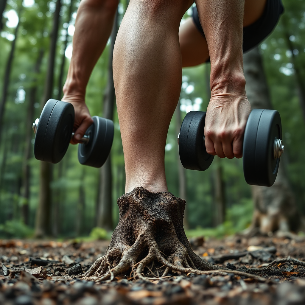 A stylized image showing legs performing dumbbell squats, with the dumbbells transforming into tree trunks growing roots into the ground. The background is a forest scene. Color palette: earthy greens and browns. Camera angle: low angle emphasizing the legs. Texture details: realistic depiction of tree bark and muscle fibers. Style reference: nature-inspired art. Technical specs: 4K resolution, high quality.