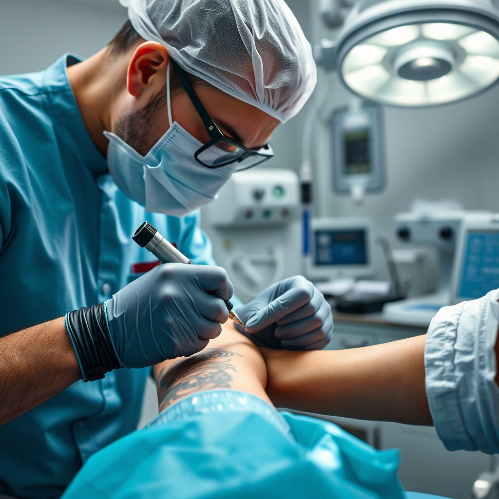 A tattoo artist applying a tattoo on a client's arm. The artist is wearing gloves and a mask, maintaining a sterile environment. The tattoo machine is buzzing softly. The background includes medical equipment and sterilization tools. Lighting: Bright and focused to ensure precision. Technical Specs: 4K resolution, photorealistic rendering.