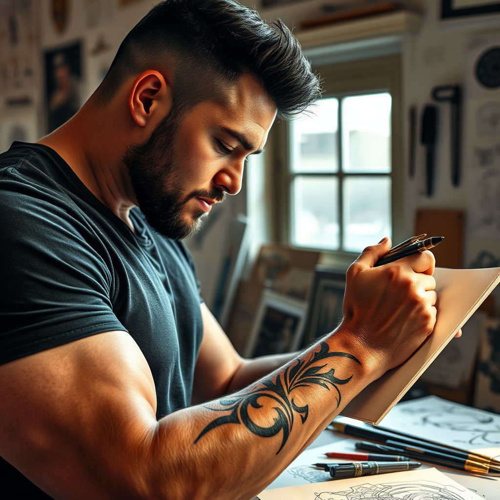 A tattoo artist sketching a custom tattoo design on a muscular arm. The design is a blend of tribal and biomechanical elements. The background shows various sketches and design tools. Lighting: Natural light from a window, creating a soft and inspiring atmosphere. Technical Specs: 4K resolution, photorealistic rendering.
