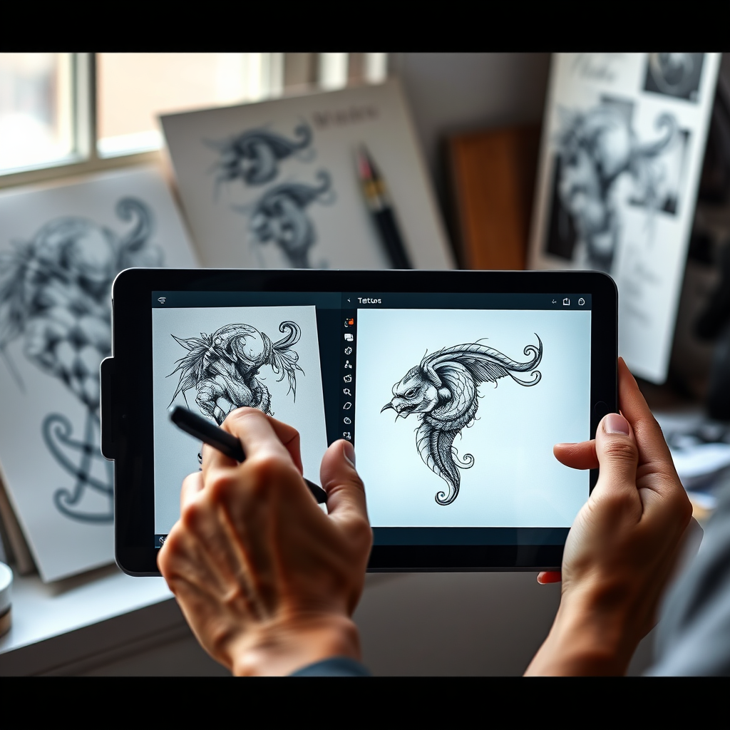 A tattoo artist working on a digital tablet, creating a custom tattoo design for a client. The design is displayed on the tablet, showcasing intricate details. The artist's hands are steady and precise. The background includes sketches and reference images. Lighting: Natural light from a window, creating an inspiring environment. Technical Specs: 4K resolution, photorealistic rendering.